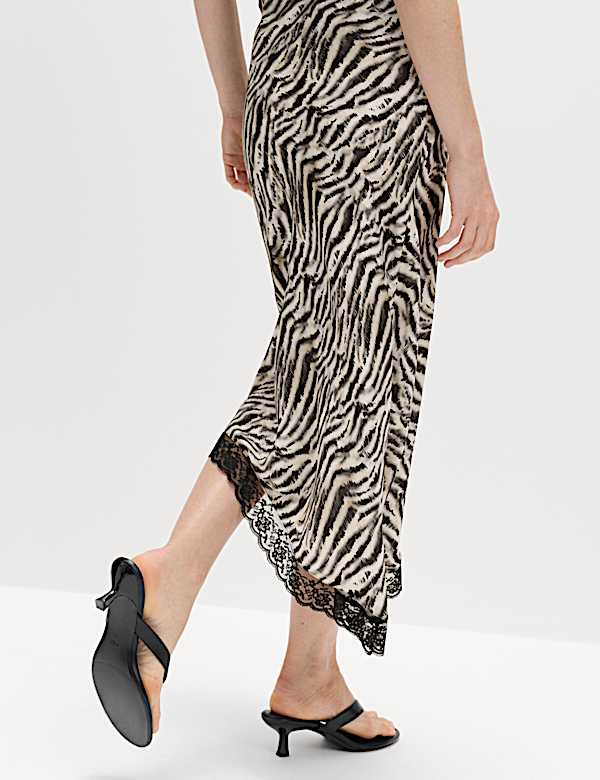 Zebra Print Lace Hem Asymmetric Midi Skirt - NL