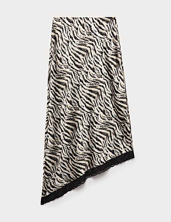 Zebra Print Lace Hem Asymmetric Midi Skirt - NL