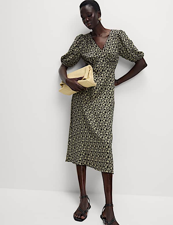 Floral V-Neck Midi Tea Dress