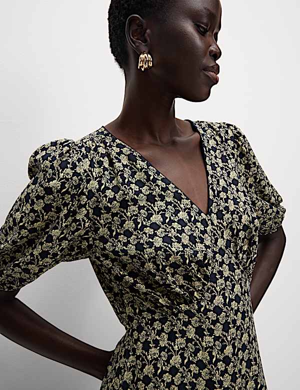 Floral V-Neck Midi Tea Dress