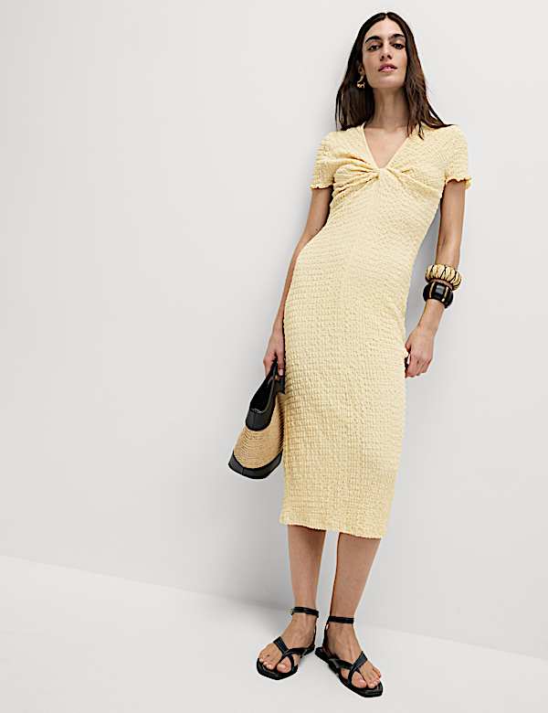 Jersey Textured V-Neck Midi Column Dress - NO