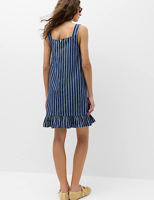 Denim Striped Frill Hem Mini Shift Dress - LU