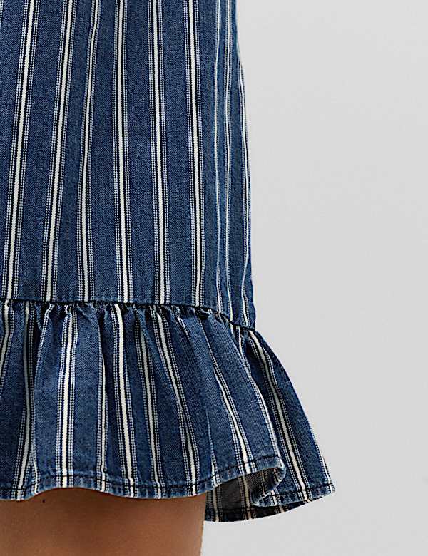 Denim Striped Frill Hem Mini Shift Dress - LU