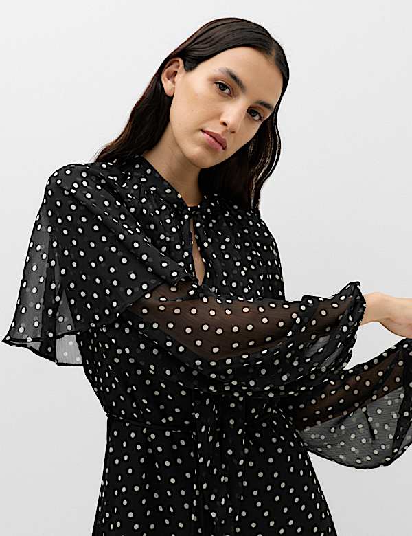 Polka Dot Tie Neck Mini Smock Dress - KG