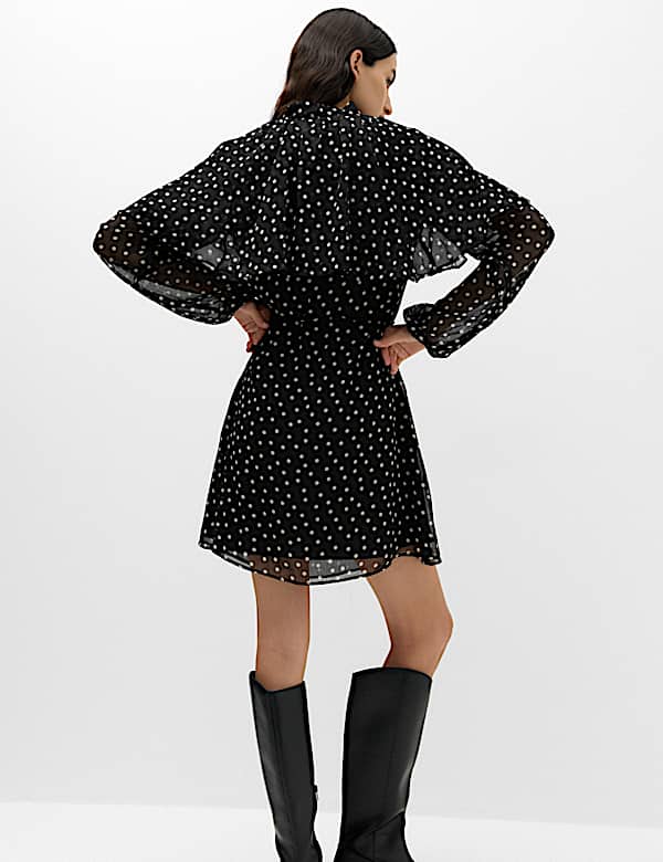 Polka Dot Tie Neck Mini Smock Dress - KG