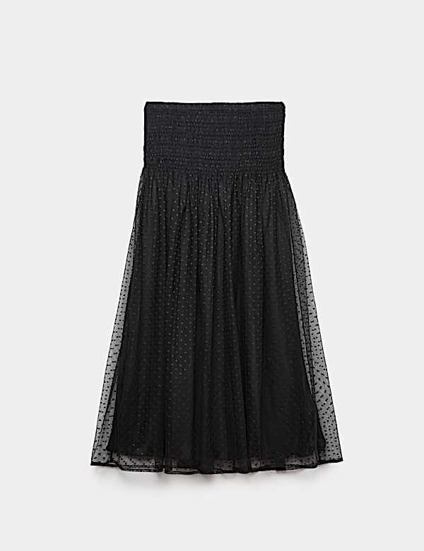 Falda maxi a media pierna fruncida de corte en A con encaje - US
