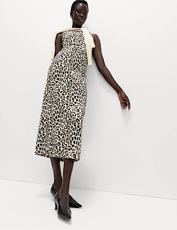 Animal Print Cowl Neck Midi Bodycon Dress - JO