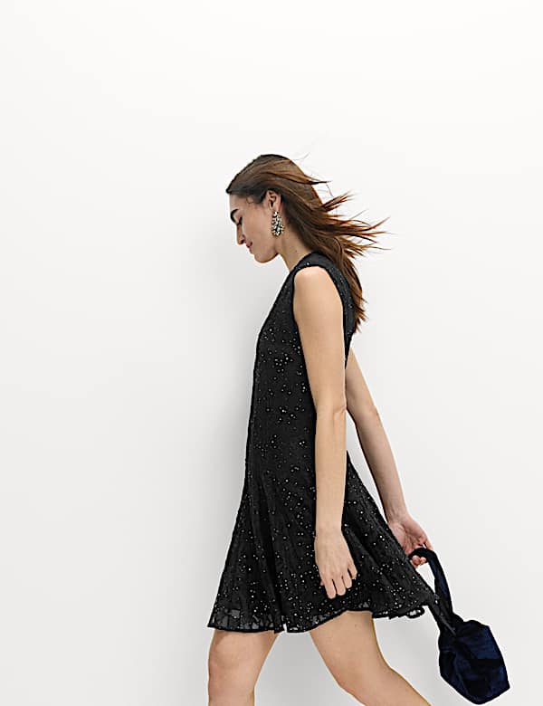 Lace Sequin Mini Skater Dress - DE