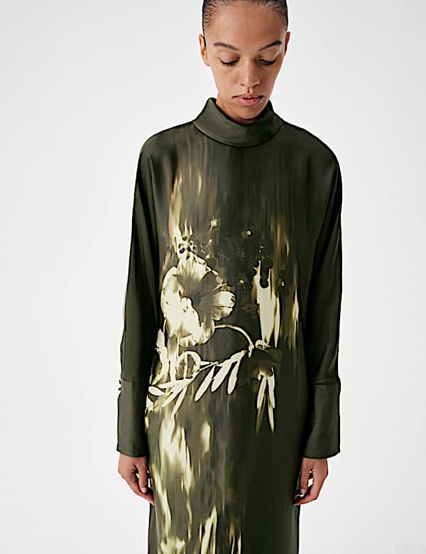 Floral Funnel Neck Midi Satin Column Dress - AU