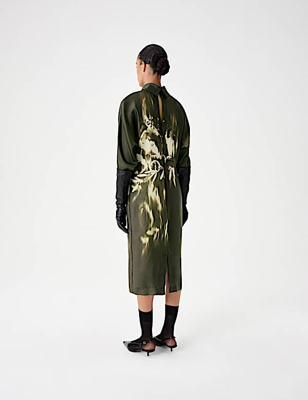 Floral Funnel Neck Midi Satin Column Dress - AU
