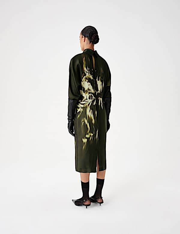 Floral Funnel Neck Midi Satin Column Dress - CA