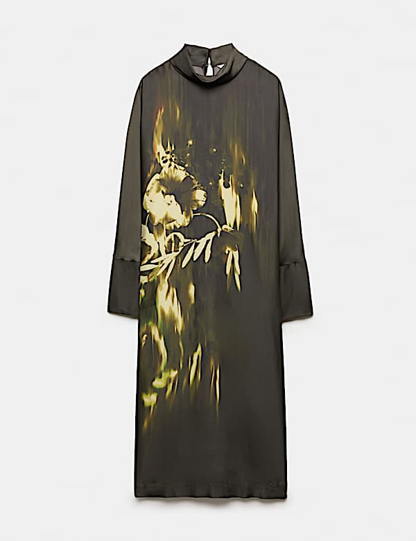 Floral Funnel Neck Midi Satin Column Dress - AU
