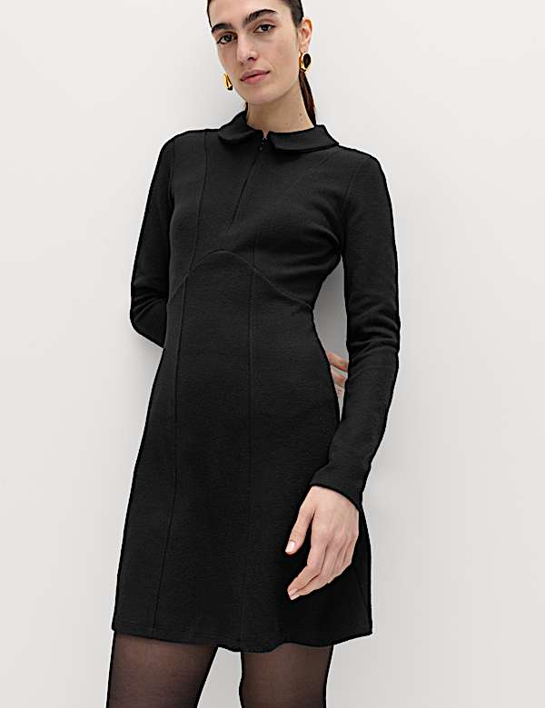 Cotton Blend Cosy Collared Mini Skater Dress - JE