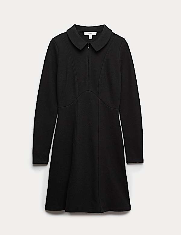 Cotton Blend Cosy Collared Mini Skater Dress - JE