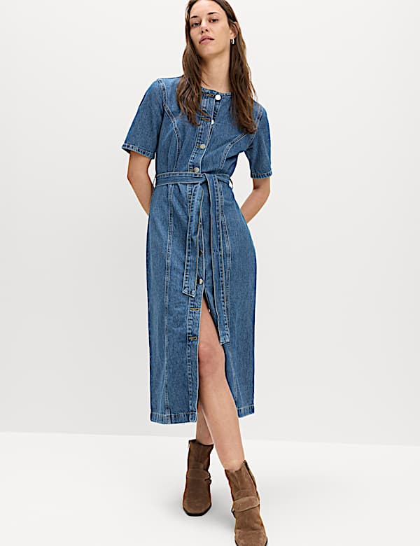 Denim Button Through Midi Waisted Dress - MV