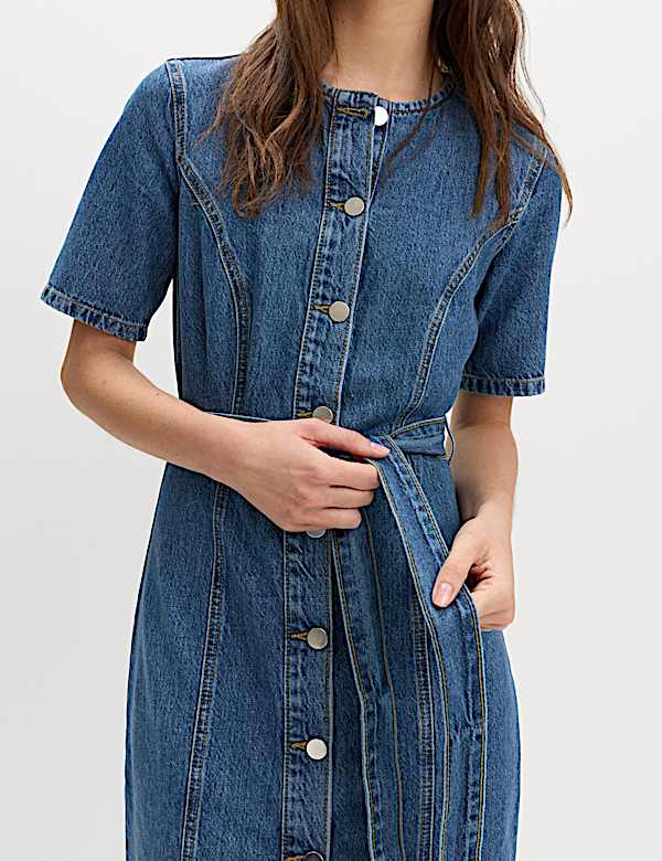 Denim Button Through Midi Waisted Dress - MV