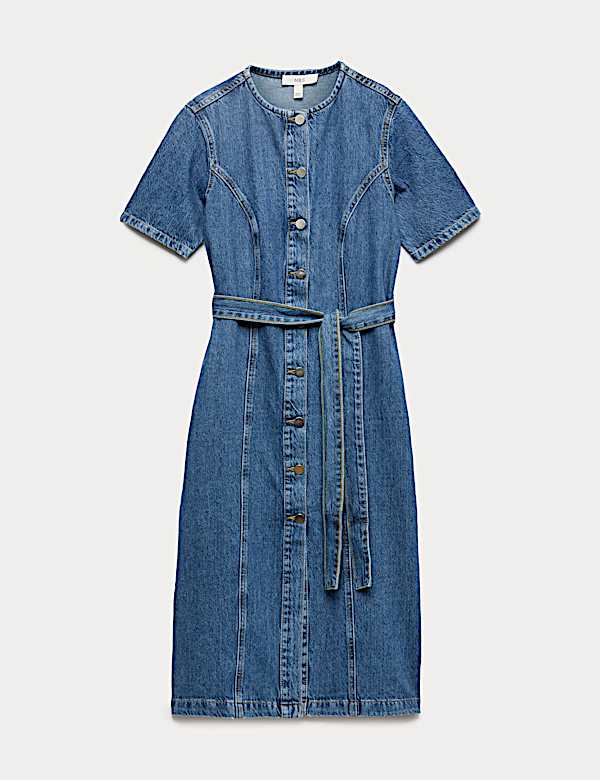 Denim Button Through Midi Waisted Dress - MV