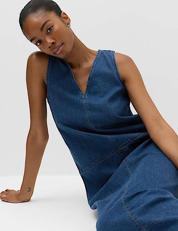 Denim V-Neck Tie Detail Midi Relaxed Dress - US
