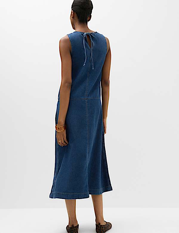 Denim V-Neck Tie Detail Midi Relaxed Dress - US