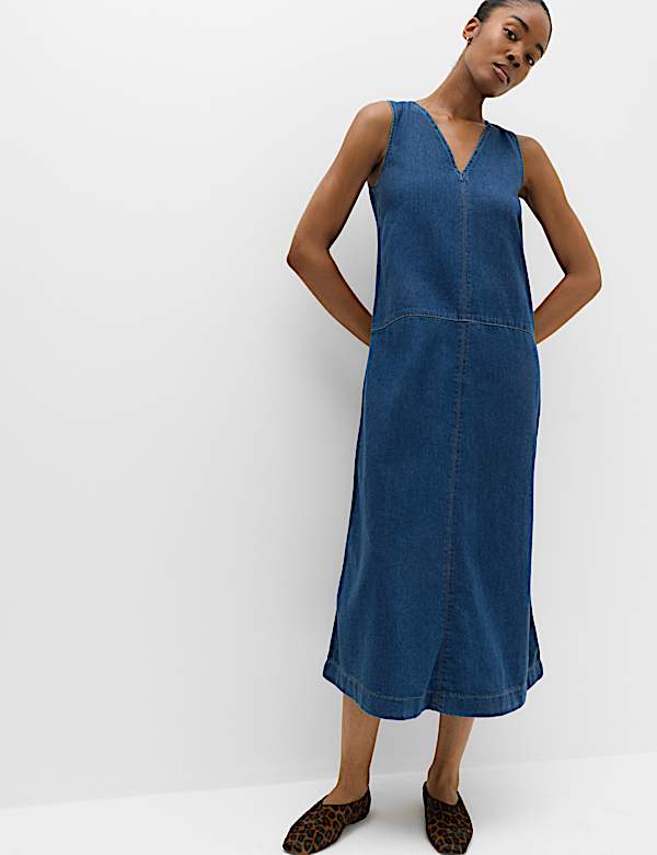 Denim V-Neck Tie Detail Midi Relaxed Dress - US