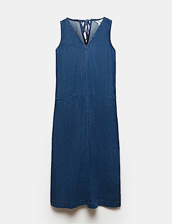 Denim V-Neck Tie Detail Midi Relaxed Dress - US