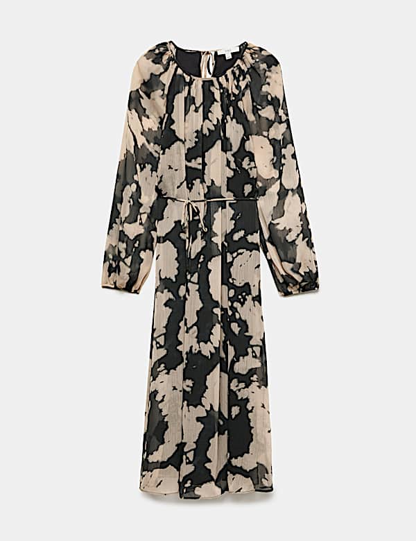Chiffon Printed Tie Neck Midi Relaxed Dress - KR