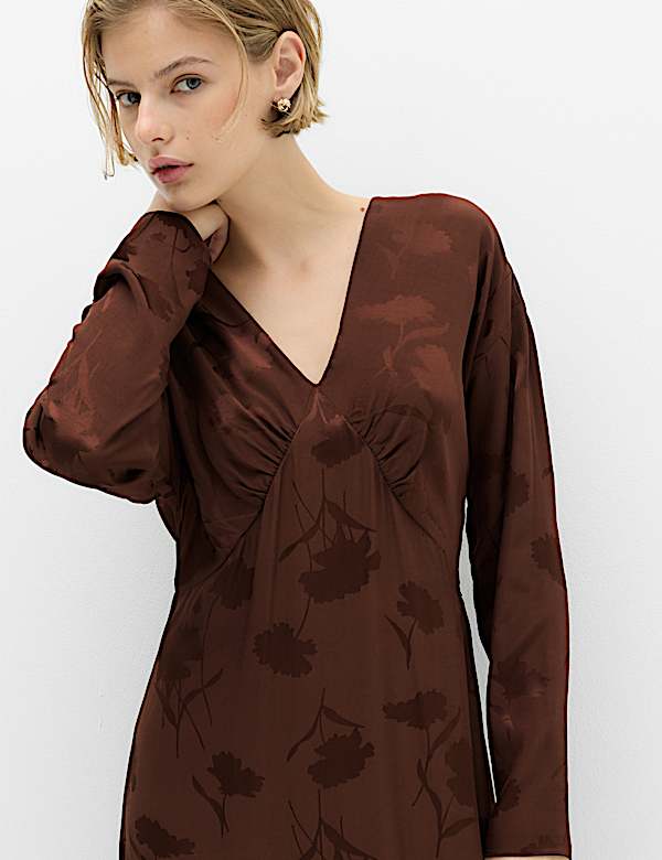 Satin Floral Jacquard V-Neck Midi Tea Dress - MX