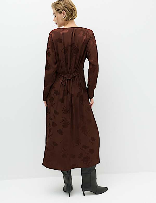 Satin Floral Jacquard V-Neck Midi Tea Dress - MX