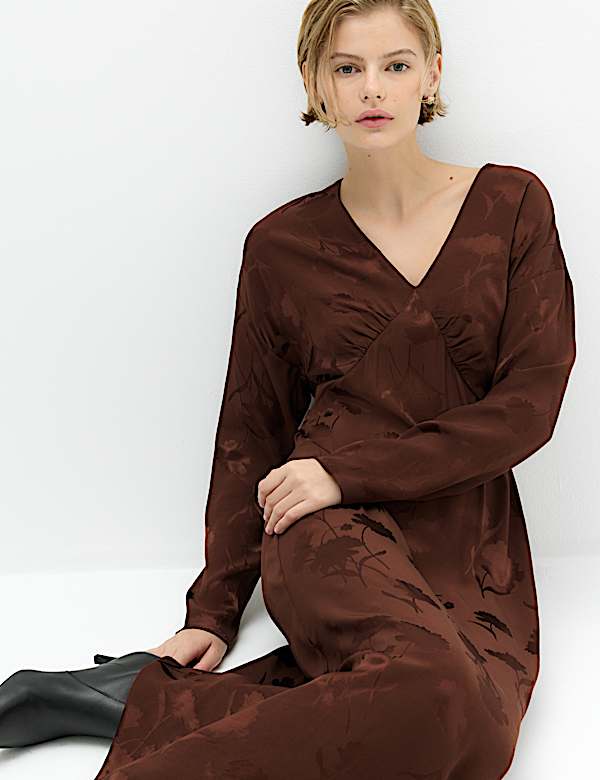 Satin Floral Jacquard V-Neck Midi Tea Dress - MX