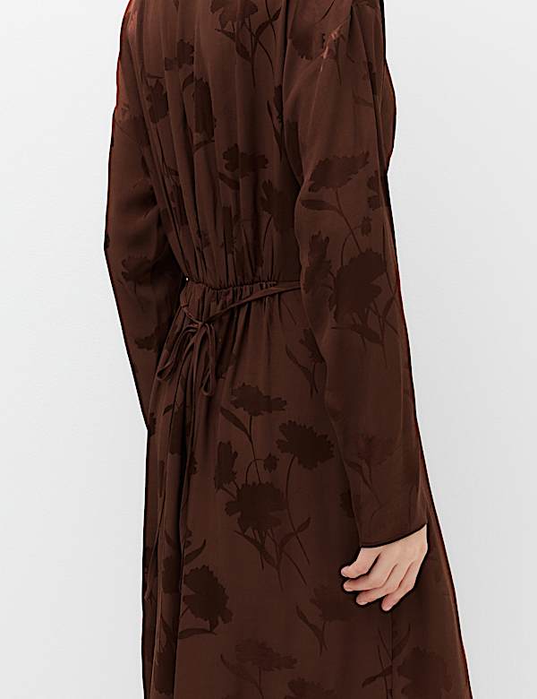 Satin Floral Jacquard V-Neck Midi Tea Dress - MX