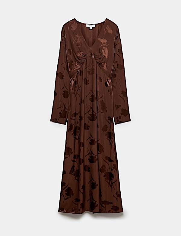 Satin Floral Jacquard V-Neck Midi Tea Dress - MX
