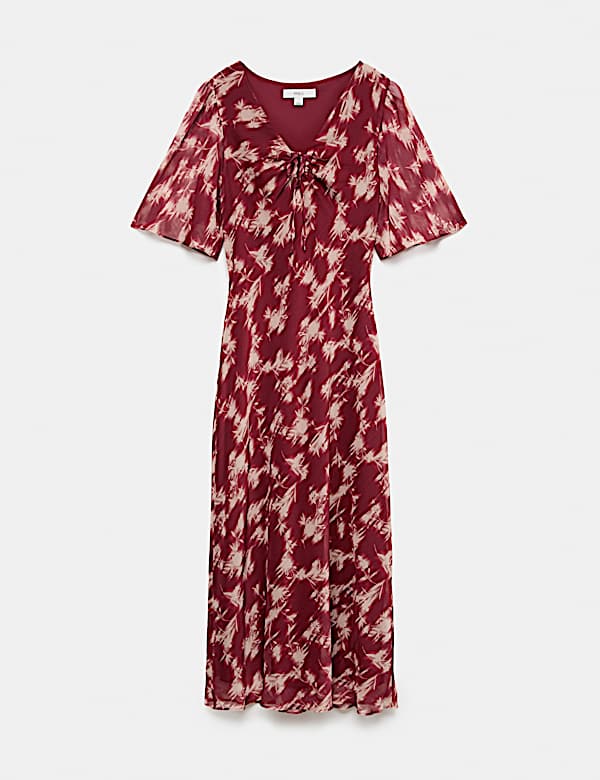 Robe midi avec col en V &agrave; nouer en mousseline florale - CH