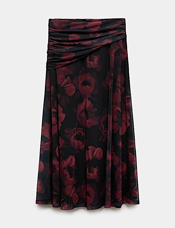 Rok Midi A-Line Jaring Lipatan Motif Bunga - ID