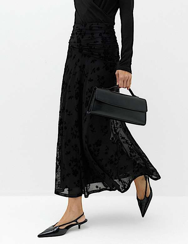 Devore Floral Ruched Midi A Line Skirt - MV