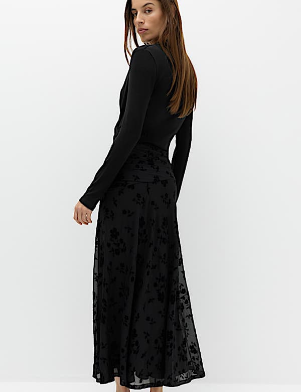 Devore Floral Ruched Midi A Line Skirt - MV