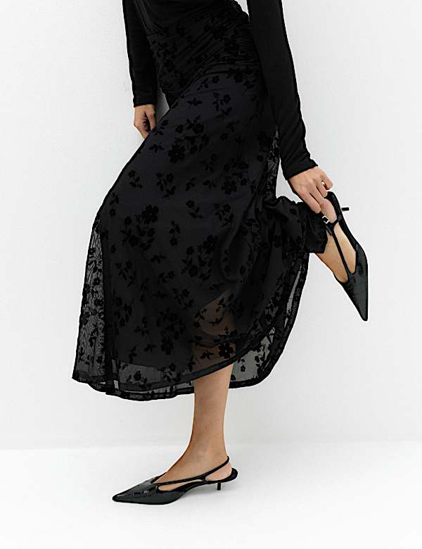 Devore Floral Ruched Midi A Line Skirt - MV