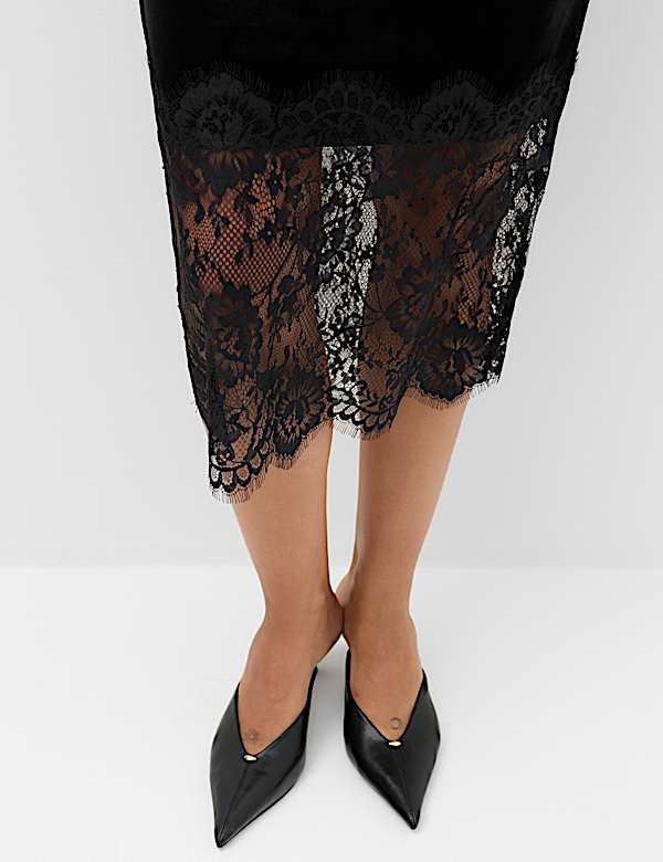 Velvet Lace Detail Midi A-Line Skirt - NO