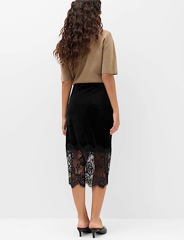Velvet Lace Detail Midi A-Line Skirt - NO