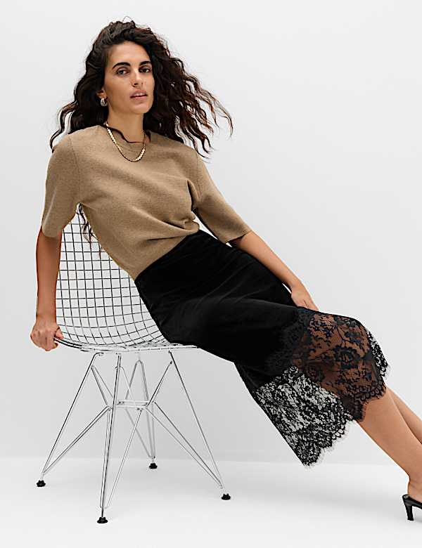 Velvet Lace Detail Midi A-Line Skirt - NO