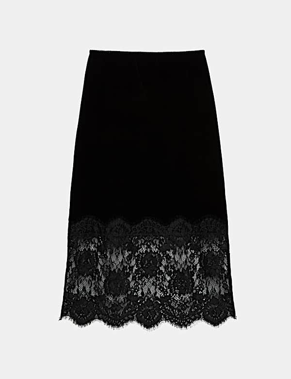 Velvet Lace Detail Midi A-Line Skirt - NO
