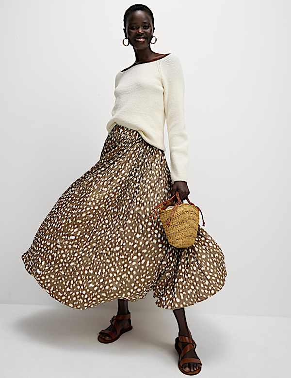 Animal Print Pleated Midaxi Skirt