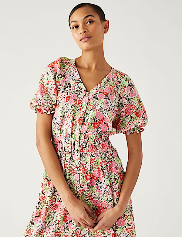 Floral V-Neck Midi Waisted Dress