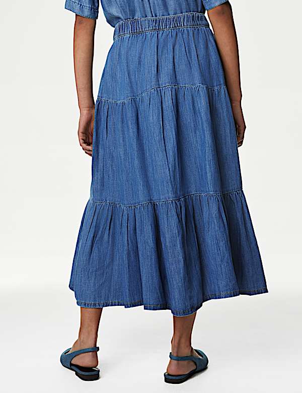 Midi-Stufenrock aus Denim mit Knopfdetail vorne - DE