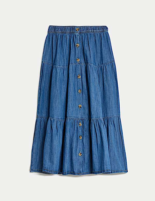 Midi-Stufenrock aus Denim mit Knopfdetail vorne - DE