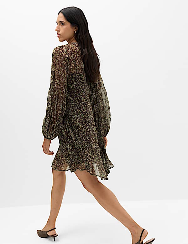 Floral Tie Neck Mini Waisted Dress - AL