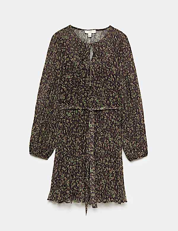 Floral Tie Neck Mini Waisted Dress - AL