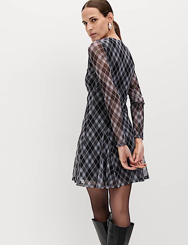 Mesh Checked Mini Skater Dress - BN