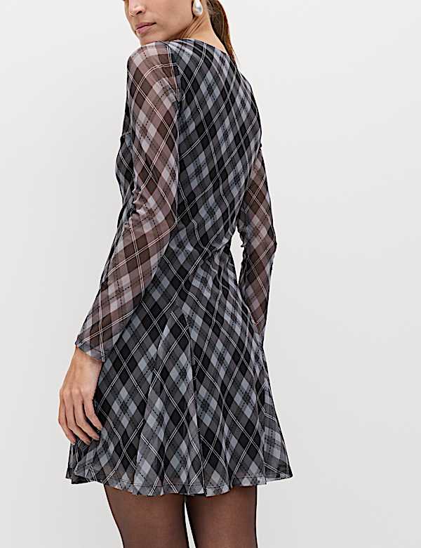 Mesh Checked Mini Skater Dress - BN