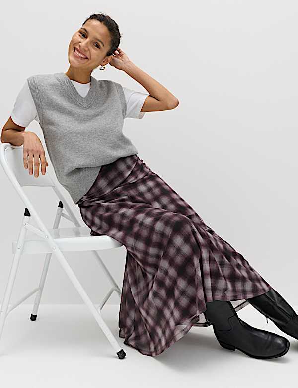 Checked Midi A-Line Skirt - CZ