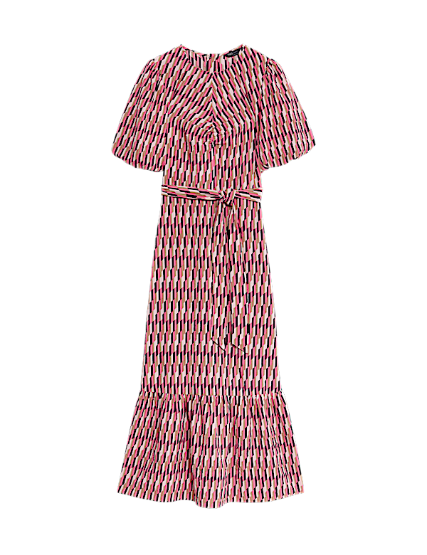 Geometric Puff Sleeve Midi Tea Dress